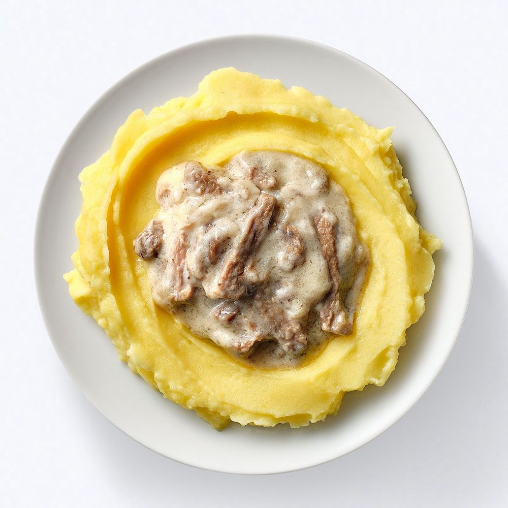 Бефстроганов с белыми грибами и картофельным пюре